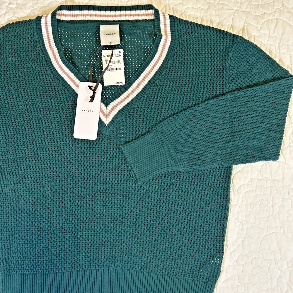 NWT Varley Women's Hadley V Neck Knit Sweater Forest Green Sz L Preppy Layering